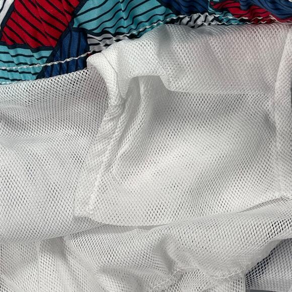 Shark Triangle Print Swim Trunks Men 2XL 44-46 Above The Knee 6" Inseam Blue Red - Picture 5 of 11